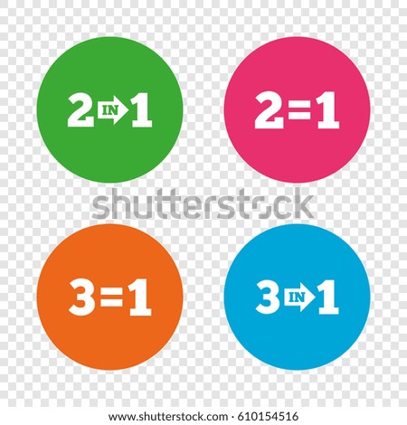 Special offer icons. Take two pay for one sign symbols. Profit at saving. Round buttons on transparent background. Vector