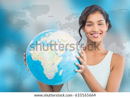 Digital composite of Woman with globe against blue map