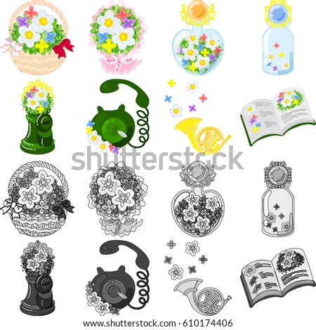 The cute icons of small flowers objects such as basket and bouquet and bottle and post and telephone and horn and book