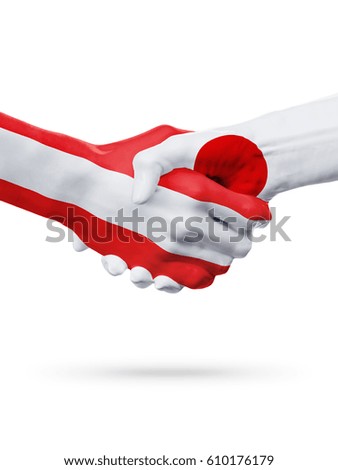 Flags Austria, Japan countries, handshake cooperation, partnership, friendship or sports team competition concept, isolated on white