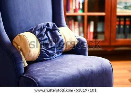 Blue fancy cushion detail on a luxurious armchair in front of wooden cabinet with books. Cozy evening, reading books at home