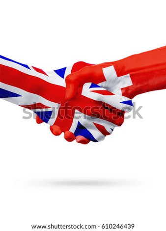 Flags United Kingdom, Switzerland countries, handshake cooperation, partnership, friendship or sports team competition concept, isolated on white