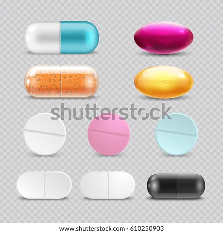 Medicine painkiller pills, pharmaceutical antibiotics drugs vector. Set of color pills, illustration of antibiotic and vitamin pill Royalty-Free Stock Photo #610250903
