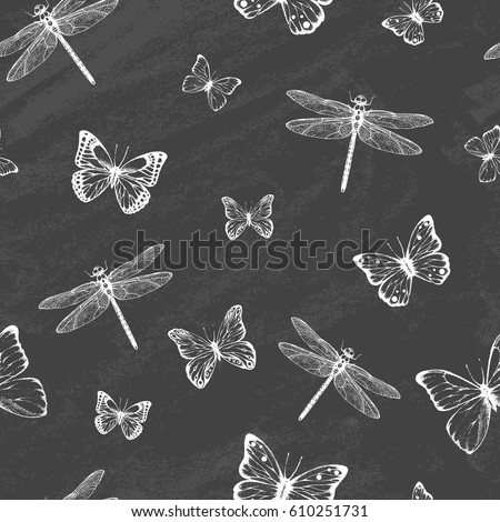 Seamless Pattern with dragonfly's and butterflies on the blackboard. Dragonfly background. Vector illustration.