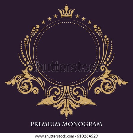Gold graceful frame. Decorative floral pattern. Heraldic symbols. Monogram initials and exclusive calligraphic design elements. Vector business sign, identity for hotel, restaurant, boutique, jewelry.