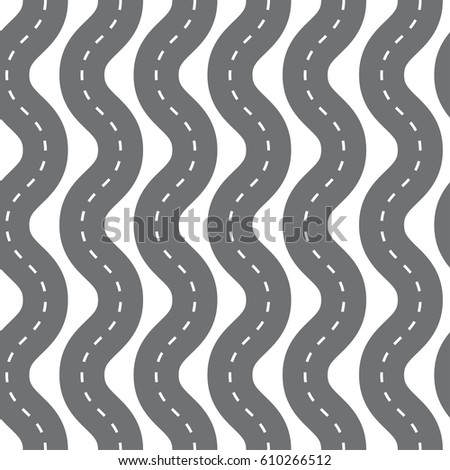 Transportation seamless vector background .Curved long road with white lines. Black and white Vector illustration.
