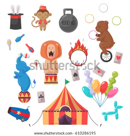 Amazing show with trained animals and different circus stuff illustration set