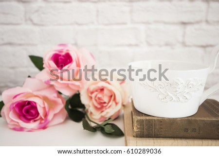 Bouquet of roses on a white desk, A large cup of coffee over old books, Romantic floral frame background, Floral Styled Wall Mock Up, Rose Flower Mockup, Valentine Mothers Day Card, Giftcard
