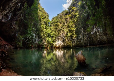 Railay Princess Lagoon - small lake connected underground to the sea. Hidden between karsts rocks. Krabi Province, Thailand.