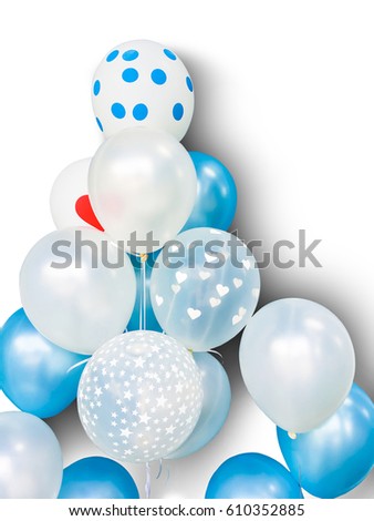Fancy balloons in the color tone of blue and white on the white background. Isolated picture with clipping path.