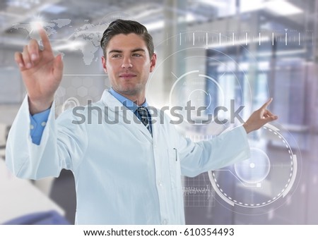 Digital composite of Man in lab coat pointing with flare against white interface and blurry lab