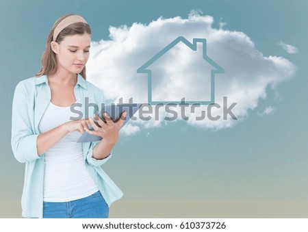 Digital composite of Woman with tablet against cloud with house