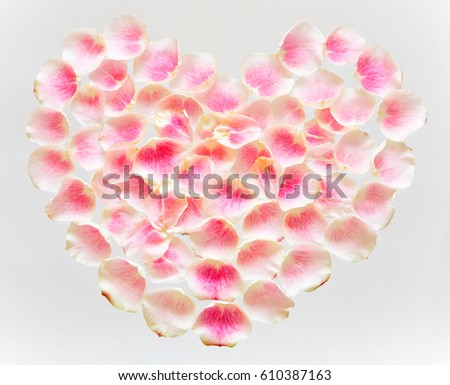Symbol of love - heart, lined with tender rose petals on a white background.