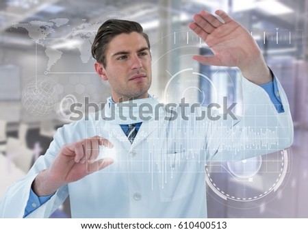 Digital composite of Man in lab coat behind white graph and flare against white interface and blurry lab