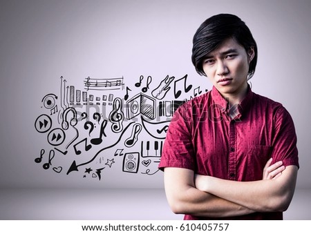 Digital composite of Man with folded arms and music graphic drawings