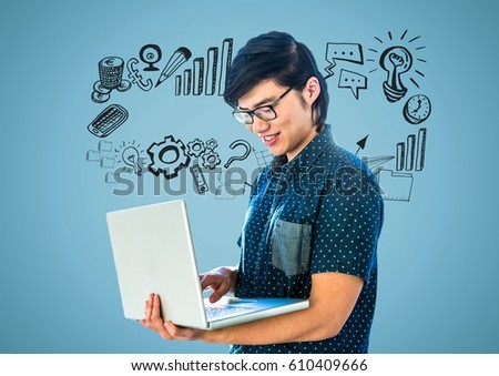 Digital composite of man with laptop with business graphics drawings