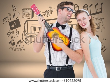 Digital composite of Coupe with guitar and music graphic drawings