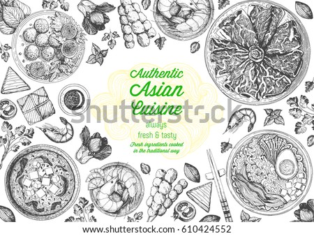 Asian cuisine top view frame. Food menu design with noodles,ramen, shrimps, fish balls and wagyu. Vintage hand drawn sketch vector illustration.