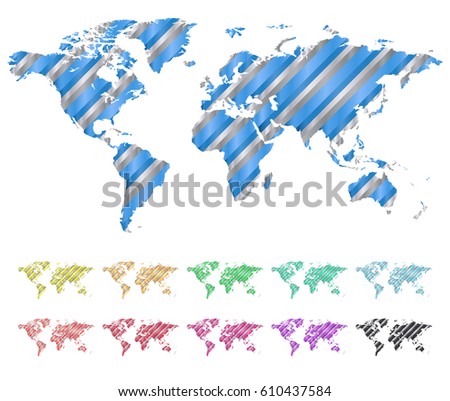Set of vector world maps made of glossy multicolored stripes and silver diagonal stripes