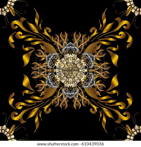 Antique golden repeatable wallpaper. Gold black floral ornament in baroque style. Golden element on black background. Damask seamless pattern repeating background.