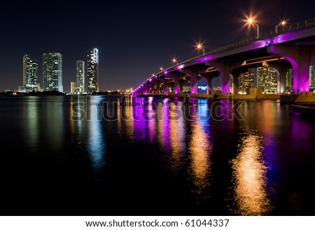 Miami Skyline along the MacArthur Causeway Bridge. Royalty-Free Stock Photo #61044337