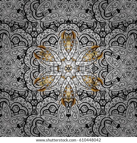 Christmas white snowflake seamless pattern. Golden snowflakes on background. Winter snow texture wallpaper. Symbol holiday, New Year celebration vector white pattern.