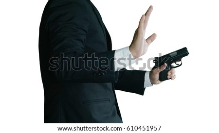 Businessman isolated. A man in black suit give up.