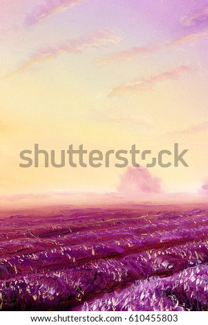 magical lavender fields at dawn, oil painting on canvas.