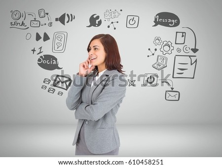 Digital composite of Businesswoman with social media graphic drawings