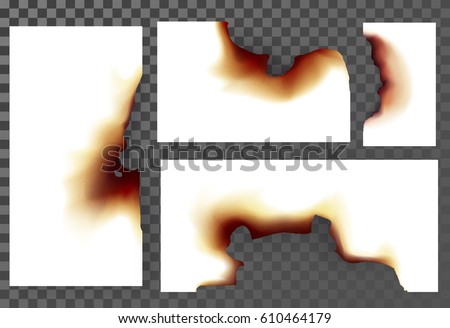 Damaged or burnt sheets of paper with ash, set of destroyed pages, torn and scorched edges of paper by heat on parchment. Fire and flame, burning and ignition, demolishing and blazing light theme