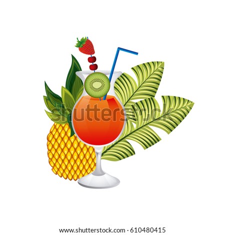 cocktail with tropical flowers and leaves over white background. colorful design. vector illustration