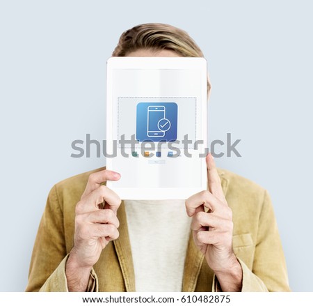 Man holding computer network graphic overlay digital device