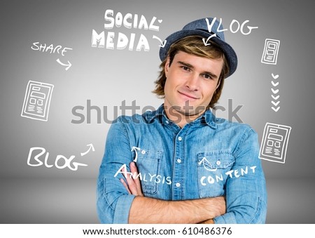 Digital composite of Businessman with social media blog Business graphics drawings