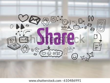 Digital composite of Share text with drawings graphics