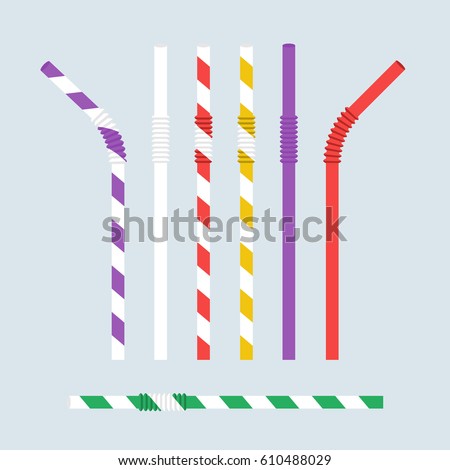 Straw for beverage. Striped colorful drinking straw isolated on background. Plastic pipe. Vector illustration flat design. Set is curved and straight. Cocktail, juice, drink. Royalty-Free Stock Photo #610488029