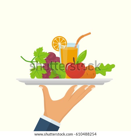 Healthy food concept. Man holds a tray of fresh vegetables, fruit and juice, symbol of a healthy diet. Veggie food, eat vitamins. Vector illustration flat design. Isolated on white background. Royalty-Free Stock Photo #610488254