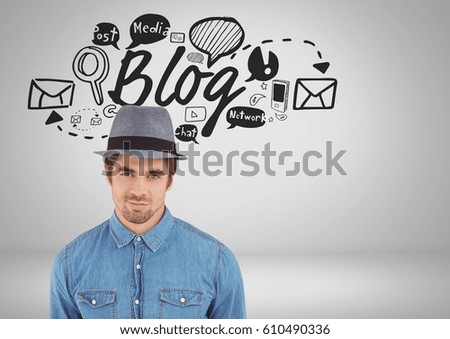 Digital composite of Man with hat and blog text and graphic drawings
