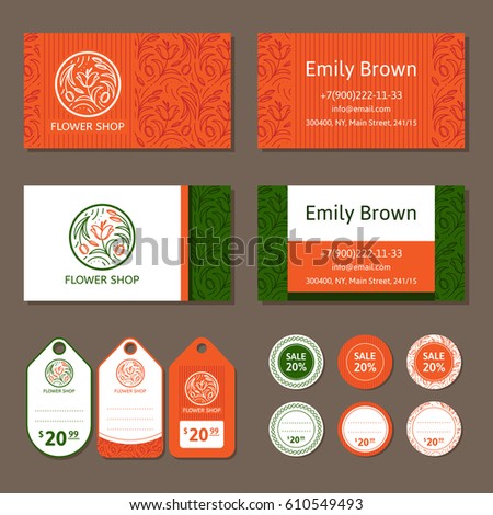 Corporate identity for a flower shop. Logo, business card and price tag. Vector illustration in modern style