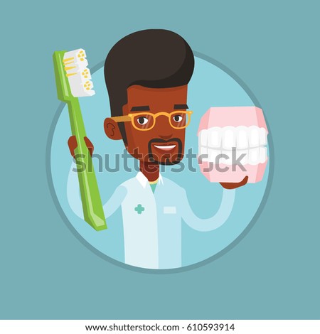 African-american dentist holding dental jaw model and a toothbrush in hands. Dentist showing dental jaw model and toothbrush. Vector flat design illustration in the circle isolated on background.