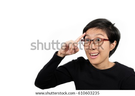 Woman wearing glasses thinking with her finger raised and have a happy expression isolated on white background with copy space to write.