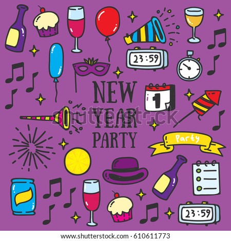 New Year party hand drawn doodle illustration.