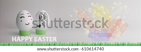 Easter eggs with faces painted on a light background with a white inscription happy easter. Photo for your design with a place under the text