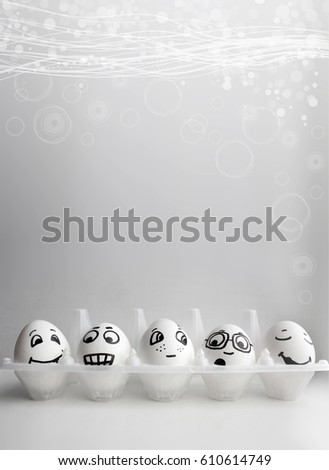 Eggs with funny painted faces. A photo with a place under the text for your design