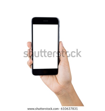 Woman hand using smart phone isolated on white background. white screen.