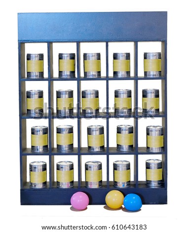 Tin cans for throwing balls at them on blue grid box with 3 color balls, suitable for putting the keywords on the can label for selection