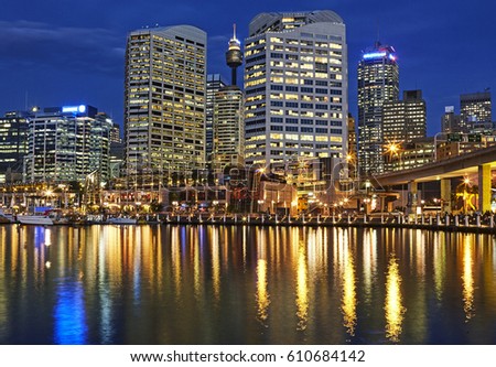The Darling harbour in Sydney illuminated at dusk