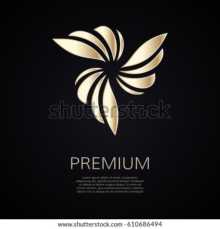 Golden flower shape. Gradient premium logotype. Isolated floral trefoil logo. Business identity concept for bio, eco company, yoga or spa salon Royalty-Free Stock Photo #610686494
