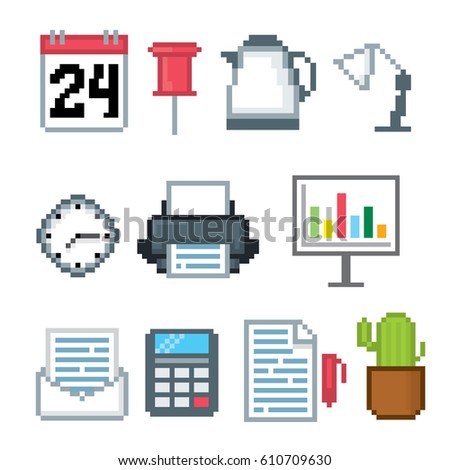 Office icons set. Pixel art. Old school computer graphic style. Games elements.