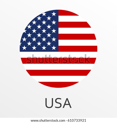 Flag of USA round icon or badge. United States circle button. American national symbol. Vector illustration. Royalty-Free Stock Photo #610733921
