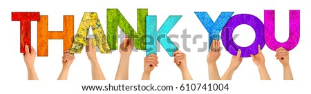 hands holding up colorful wooden letters shaping the word thank you isolated on white background Royalty-Free Stock Photo #610741004